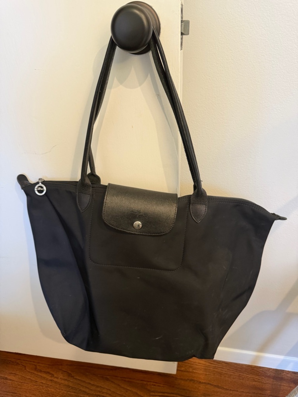 Longchamp Black Nylon Tote with Leather Trim
